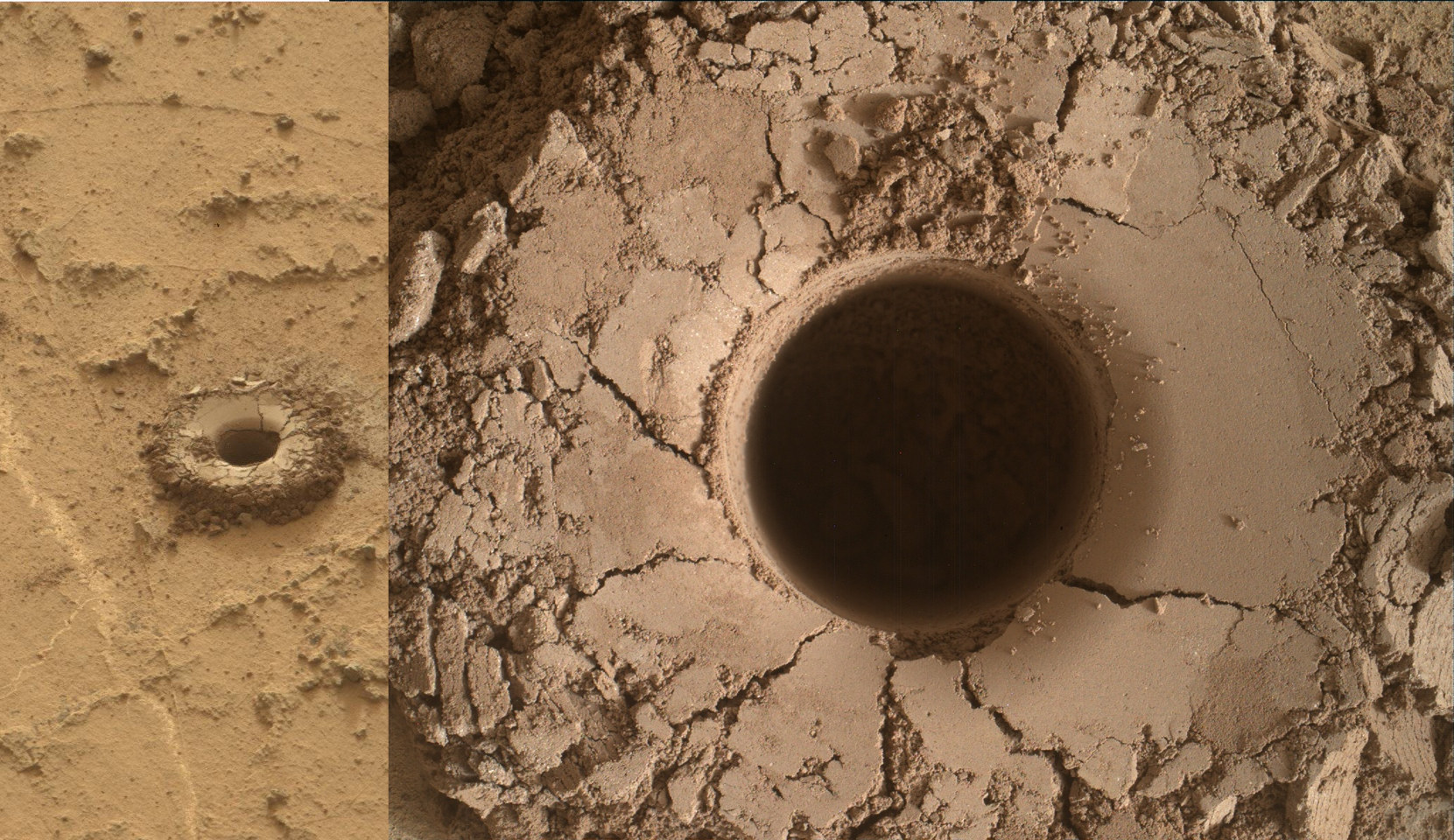 Quela drill hole bored by Curiosity rover on Sol 1464, Sept. 18, 2016 as seen in this collage of Mastcam and MAHLI raw color images taken on Sol 1465. Image Credit: NASA/JPL/MSSS. Collage: Marco Di Lorenzo/Ken Kremer 