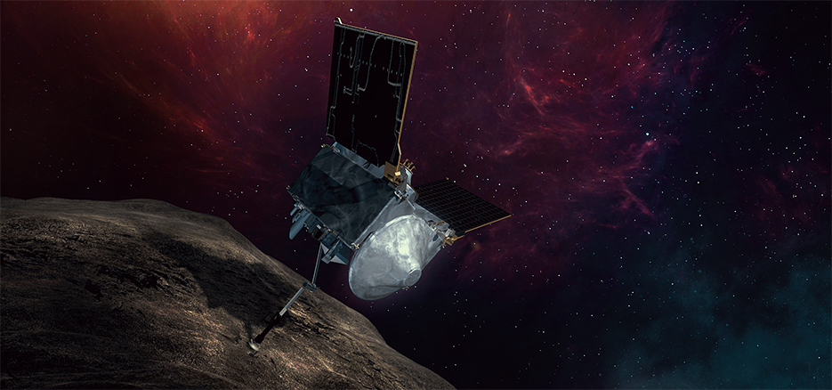 Artist’s conception of NASA’s OSIRIS-REx sample return spacecraft collecting regolith samples at asteroid Bennu. Credits: NASA/Lockheed Martin