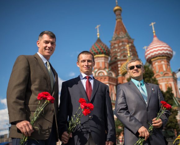 The crew of MS-02 (from left to right) - Shane Kimgrough, Sergey Ryzhikov and Andrey Borisenko, pictured in Red Square in Moscow. Credit: NASA/Bill Ingalls