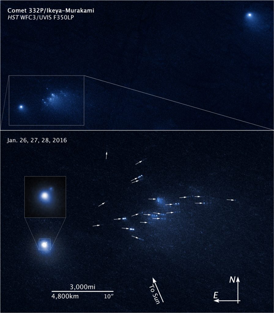 332P on UT 2016 January 26, 27 and 28, showing fragments measured in this work. The images are displayed consecutively as an animated gif in order to show the motion of the fragments relative to the parent nucleus (visible as the bright object to the lower left). The actual motions are very slow, of order 1 m/s, and show a fan-like divergence from the parent. Notice that some of the fragments also change in brightness and even shape from day to day. We think this is due to continuing outgassing, rotation and breakup of the fragments.NASA, ESA, and D. Jewitt (UCLA)