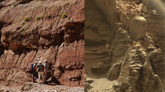 Sedimentary outcroppings in the Bressanoe region (left), compared to sedimentary deposits in the Murray Buttes region on Mars (right). Credit: ESA/I. Drozdovsky (left); NASA (right)