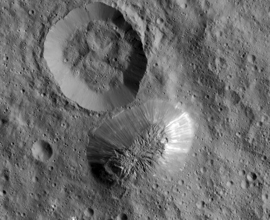 Ceres' mysterious mountain Ahuna Mons is seen in this mosaic of images from NASA's Dawn spacecraft. On its steepest side, this mountain is about 3 miles (5 kilometers) high. Its average overall height is 2.5 miles (4 kilometers). The diameter of the mountain is about 12 miles (20 kilometers). Dawn took these images from its low-altitude mapping orbit, 240 miles (385 kilometers) above the surface, in December 2015. Credits: NASA/JPL/Dawn mission