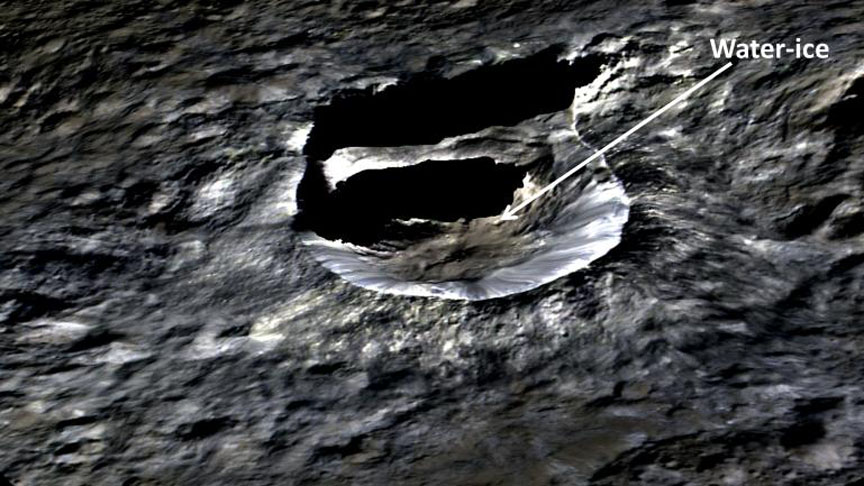 The small, bright crater Oxo (6 miles, 10 kilometers wide) on Ceres is seen in this perspective view. The elevation has been exaggerated by a factor of two. The view was made using enhanced-color images from NASA's Dawn mission. Dawn's visible and infrared mapping spectrometer (VIR) has found evidence of water ice at this crater. Credit: NASA/JPL-Caltech/UCLA/MPS/DLR/IDA 
