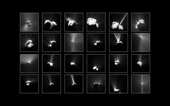 Compilation of the brightest outbursts seen at Comet 67P/Churyumov–Gerasimenko by Rosetta’s OSIRIS narrow-angle camera and Navigation Camera between July and September 2015. Credit: OSIRIS: ESA/Rosetta/MPS for OSIRIS Team MPS/UPD/LAM/IAA/SSO/INTA/UPM/DASP/IDA; NavCam: ESA/Rosetta/NavCam – CC BY-SA IGO 3.0.