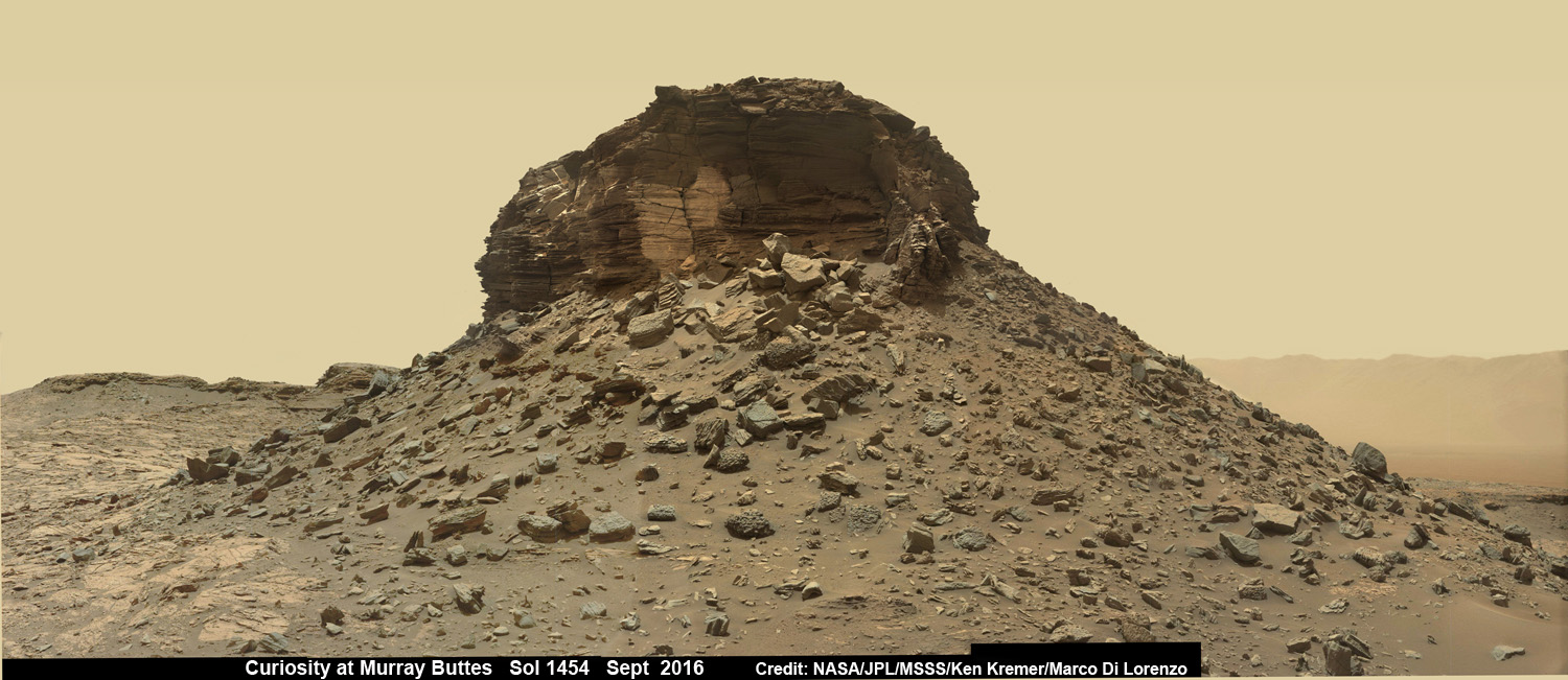 Dramatic wide angle mosaic view of butte  with sandstone layers showing cross-bedding  in the Murray Buttes region on lower Mount Sharp with distant view to rim of Gale crater, taken by Curiosity rover’s Mastcam high resolution cameras.  This photo mosaic was assembled from Mastcam color camera raw images taken on Sol 1454, Sept. 8, 2016 and stitched by Ken Kremer and Marco Di Lorenzo, with added artificial sky.  Credit: NASA/JPL/MSSS/Ken Kremer/kenkremer.com/Marco Di Lorenzo