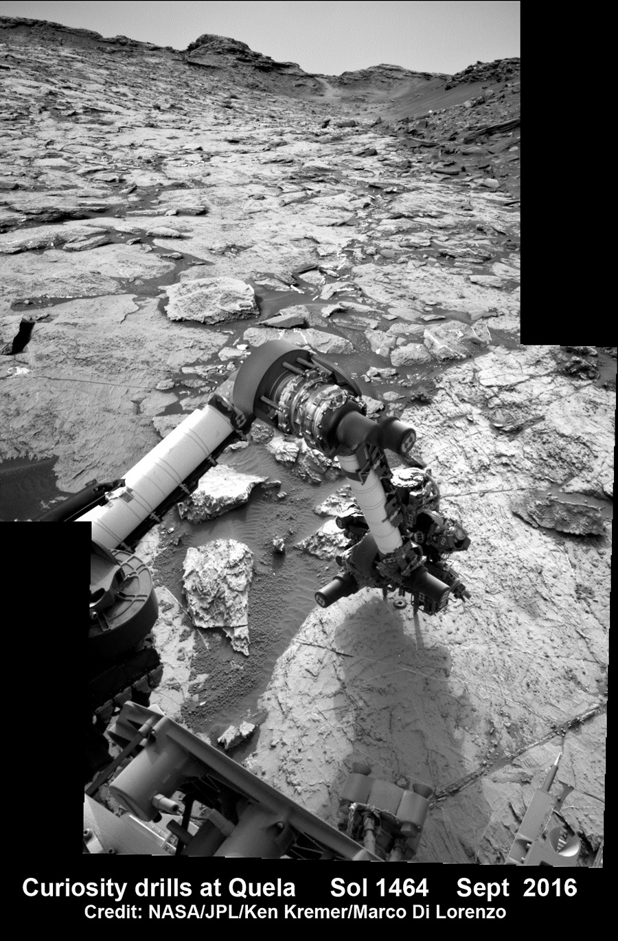 Curiosity drills into Quela rock target on Sol 1464, Sept. 18, 2016 in this navcam camera mosaic.  Credit: NASA/JPL/Ken Kremer/kenkremer.com/Marco Di Lorenzo