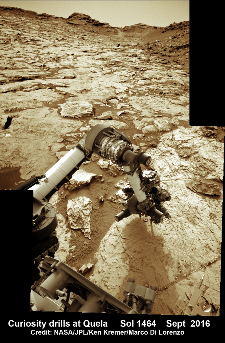 Curiosity drills into Quela rock target in the Murray Buttes region on Sol 1464, Sept. 18, 2016, in this navcam camera mosaic, stitched from raw images and colorized.  Credit: NASA/JPL/Ken Kremer/kenkremer.com/Marco Di Lorenzo