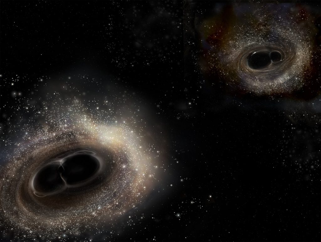 Artist's impression of merging binary black holes. In February 2016, LIGO detected gravity waves for the first time. As this artist's illustration depicts, the gravitational waves were created by merging black holes. The third detection just announced was also created when two black holes merged. Credit: LIGO/A. Simonnet.