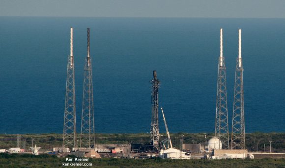 Aerial view of pad and strongback damage at SpaceX Launch Complex-40 as seen from the VAB roof on Sept. 8, 2016 after fueling test explosion destroyed the Falcon 9 rocket and AMOS-6 payload at Cape Canaveral Air Force Station, FL on Sept. 1, 2016. Credit: Ken Kremer/kenkremer.com