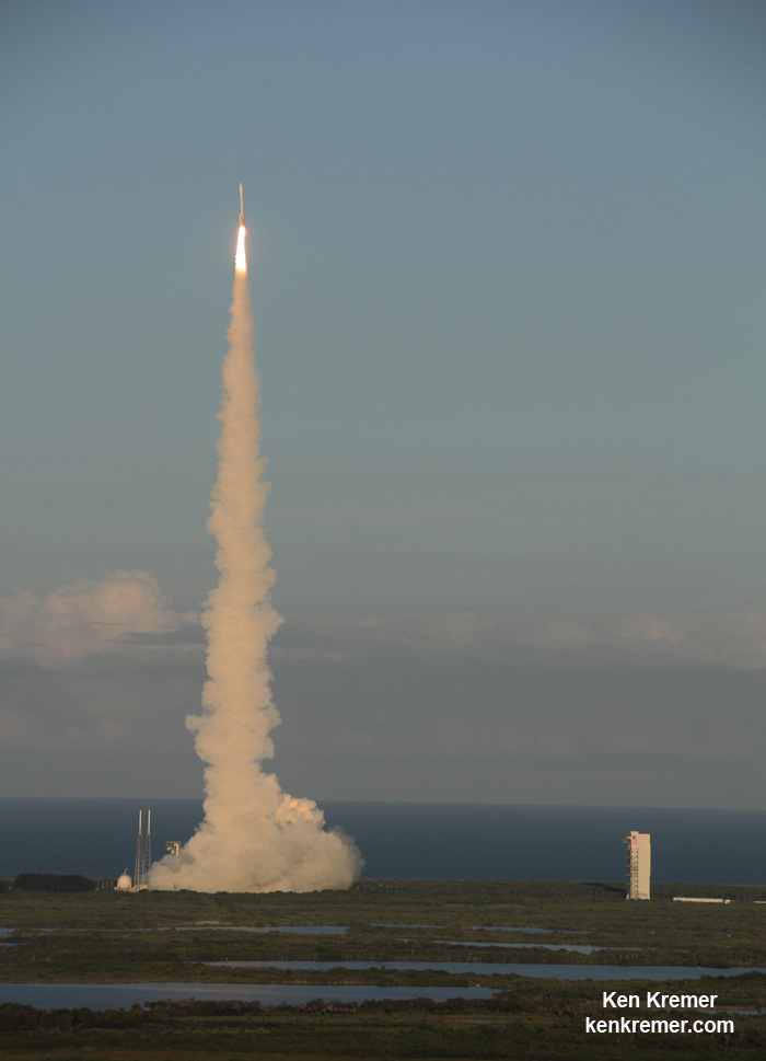 Canaveral Air Force Station carrying NASA’s Origins, Spectral Interpretation, Resource Identification, Security-Regolith Explorer, or OSIRIS-REx spacecraft on the first U.S. mission to sample an asteroid, retrieve at least two ounces of surface material and return it to Earth for study.  Liftoff was at 7:05 p.m. EDT on September 8, 2016.  Credit: Ken Kremer/kenkremer.com 