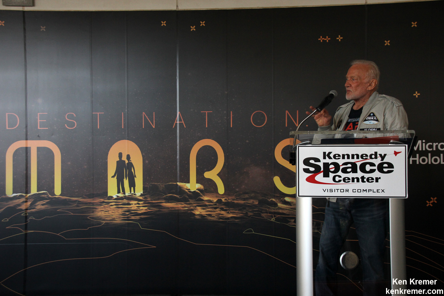 Apollo 11 moonwalker Buzz Aldrin describes newly opened ‘Destination Mars’ holographic experience during media preview at the Kennedy Space Center visitor complex in Florida on Sept. 18, 2016.