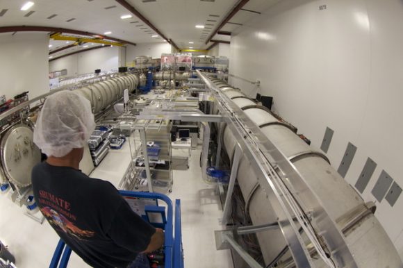  A bird's eye view of LIGO Hanford's laser and vacuum equipment area (LVEA). The LVEA houses the pre-stabilized laser, beam splitter, input test masses, and other equipment. Credit: ligo.caltech.edu