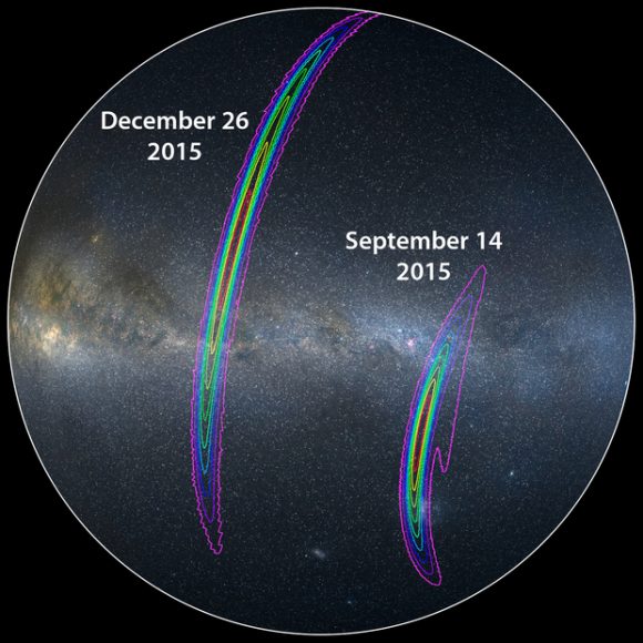 The approximate locations of the two gravitational-wave events detected so far by LIGO are shown on this sky map of the southern hemisphere. . Credit: LIGO/Axel Mellinger 