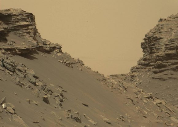 Sloping buttes and layered outcrops within the "Murray formation" layer of lower Mount Sharp. Credit: NASA