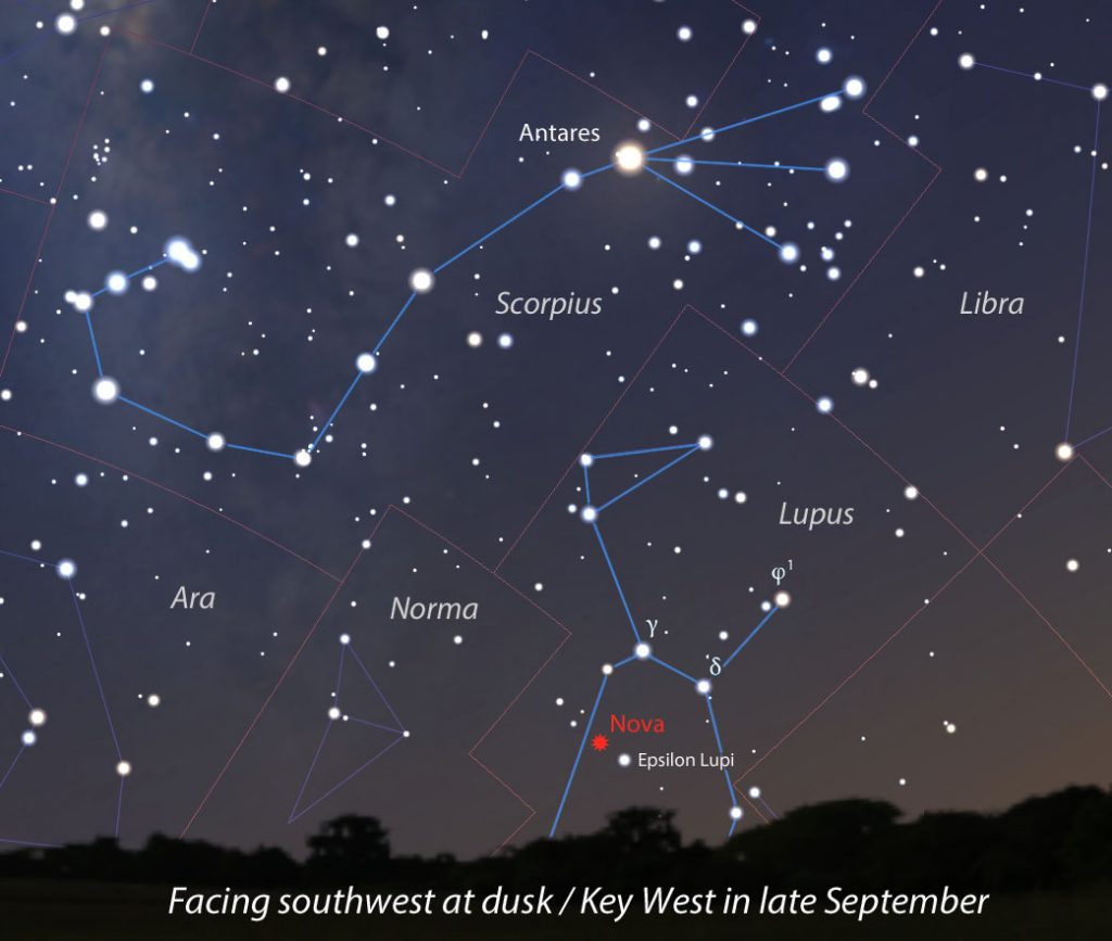A bright possible nova was discovered only days ago near the 3rd magnitude star Epsilon Lupi. It shot from fainter than magnitude +17.5 to its current magnitude +6.8 in just four nights ... and it's still rising. The nova is bright enough to see in binoculars for observers in the far southern U.S., where it's visible low in the southwestern sky in late evening twilight. This map shows the sky facing southwest about an hour after sunset from Key West, Florida, latitude 24.5 degrees north. Source: Stellarium