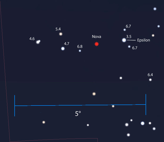 Use this chart with binoculars to help you find the likely nova. The field of view is about 5 degrees with north up. The "new star" lies between a bright triangle of stars to the east and the naked-eye star Epsilon Lupi to the west. Stars are labeled with magnitudes. Chart: Bob King,  Source: Stellarium