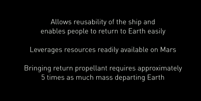 This slide from Musk's presentation show some of the considerations around producing fuel on Mars. Image: SpaceX