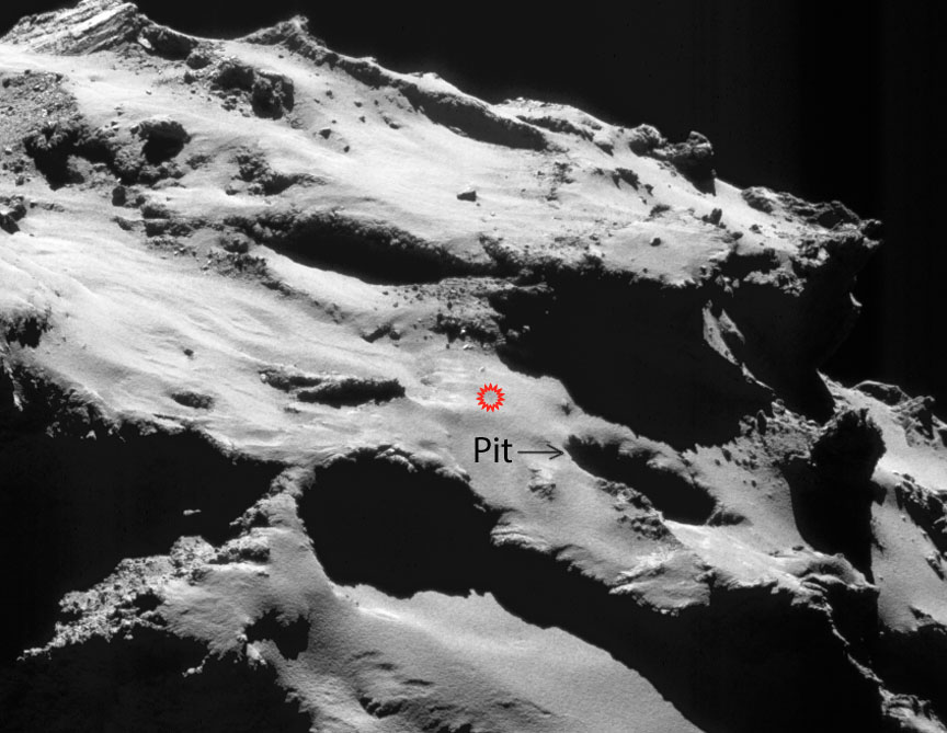 The spacecraft will aim at a point just right of the image centre, next to Deir el-Medina, the large pit located slightly below and to the right of centre in this view. Credit: ESA/Rosetta/NAVCAM – CC BY-SA IGO 3.0