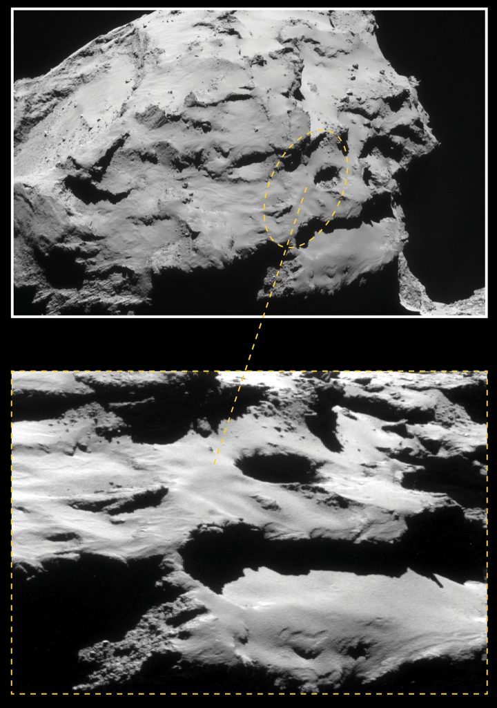 Rosetta will land somewhere within this planned impact ellipse in the Ma'at region on the comet's smaller lobe. Copyright: ESA