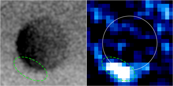 A comparison of 2014 transit and 2012 Europa aurora observations. The raw transit image, left, has dark fingers or patches of possible absorption in the same place that a different team (led by Lorenz Roth) found auroral emission from hydrogen and oxygen, the dissociation products of water. Credits: NASA, ESA, W. Sparks (left image) L. Roth (right image)