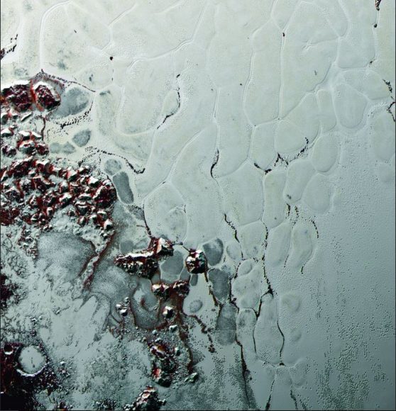 Like a cosmic lava lamp, a large section of Pluto's icy surface in Sputnik Planum is being constantly renewed by a process called convection that replaces older surface ices with fresher material. Credit: NASA/Johns Hopkins University Applied Physics Laboratory/Southwest Research Institute. 