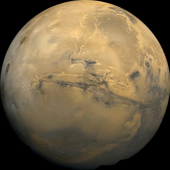 Mosaic of the Valles Marineris hemisphere of Mars, similar to what one would see from orbital distance of 2500 km. Credit: NASA/JPL-Caltech