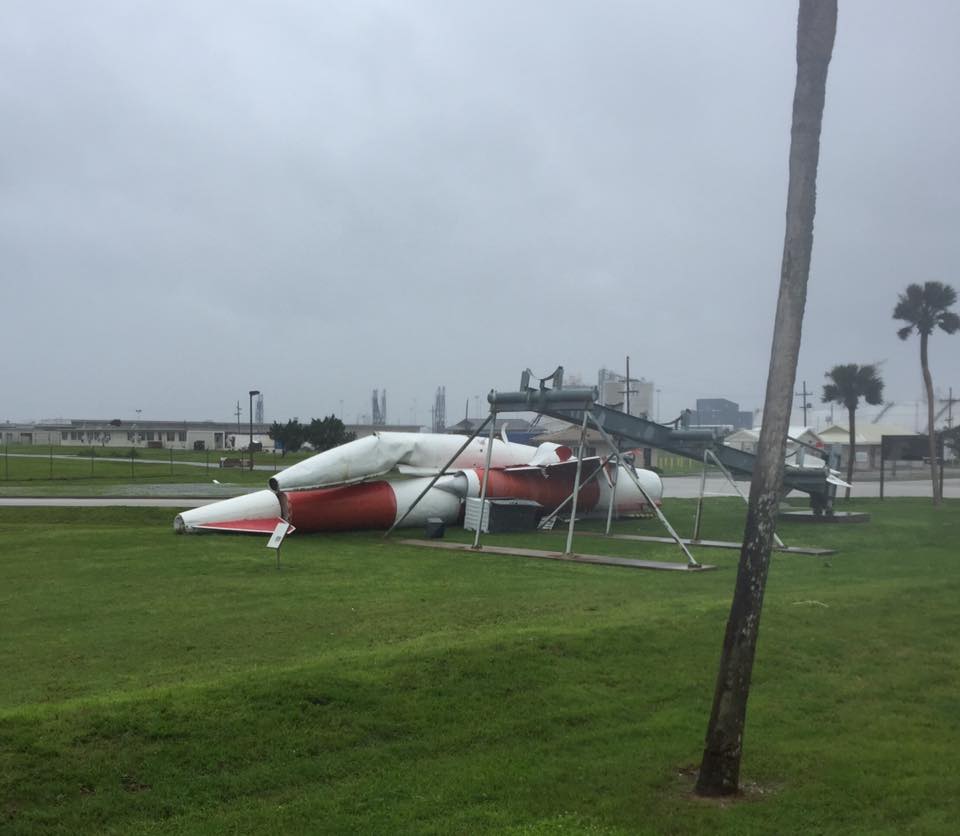 Navaho missile on display at the CCAFS south gate suffered severe damage from Hurricane Matthew and crumpled to the ground.  Credit: 45th Space Wing