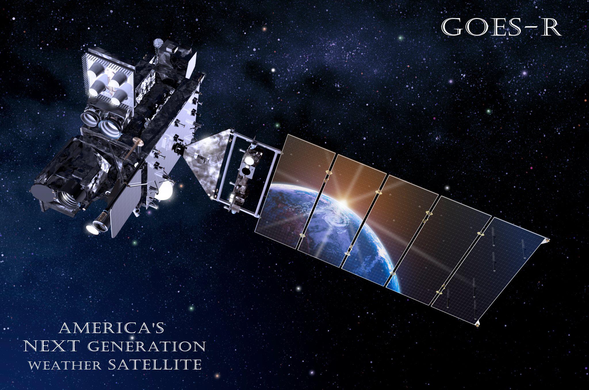Artists concept for  NASA/NOAA GOES-R (Geostationary Operational Environmental Satellite - R Series) advanced weather satellite in Earth orbit. Credit: NASA/NOAA