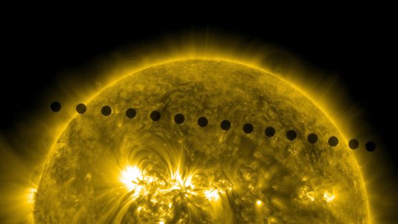 On June 5-6 2012, NASA's Solar Dynamics Observatory, or SDO, collected images of one of the rarest predictable solar events: the transit of Venus across the face of the sun. This event happens in pairs eight years apart that are separated from each other by 105 or 121 years. The last transit was in 2004 and the next will not happen until 2117. Credit: NASA/SDO, AIA