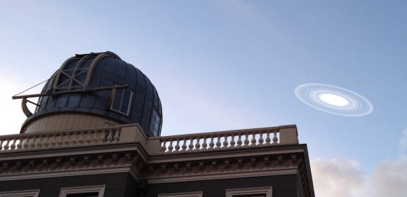 Giant Rings. The rings around J1407b are so large that we could see in the dusk from the earth when they were placed around the planet Saturn. The rings can be seen above the Old Leiden Observatory. Credit: M. Kenworthy / Leiden University