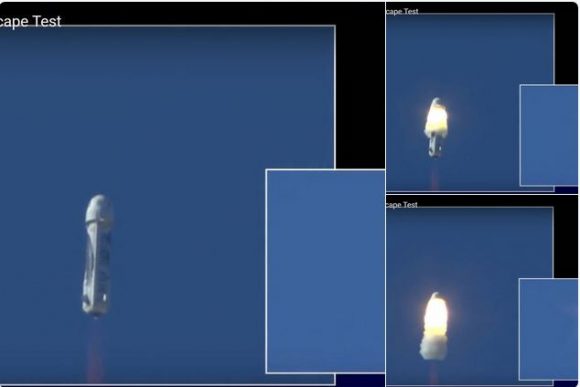 Screen capture of the New Shepard just before and after the abort motor ignition 45 seconds into the flight. Credit: Blue Origin/John Gardi. 