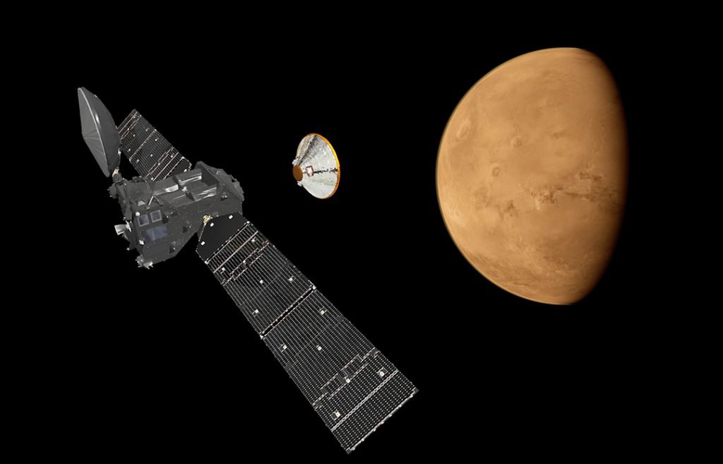 Artist's impression depicting the separation of the ExoMars 2016 entry, descent and landing demonstrator module, named Schiaparelli, from the Trace Gas Orbiter, and heading for Mars. Credit: ESA/ATG medialab