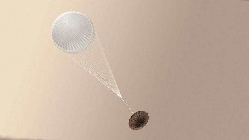 Artist's concept of Schiaparelli deploying its parachute. The parachute may also have played a role in the crash. It may have deployed too soon, causing the thrusters to fire up too soon and run out of fuel. Or the thrusters may have simply cut out after firing. Credit: ESA