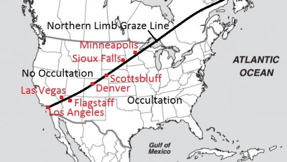 The northern graze line for tonight's occultation. Note that several major cities lie along the crucial path. Image credit: Dave Dickinson. 