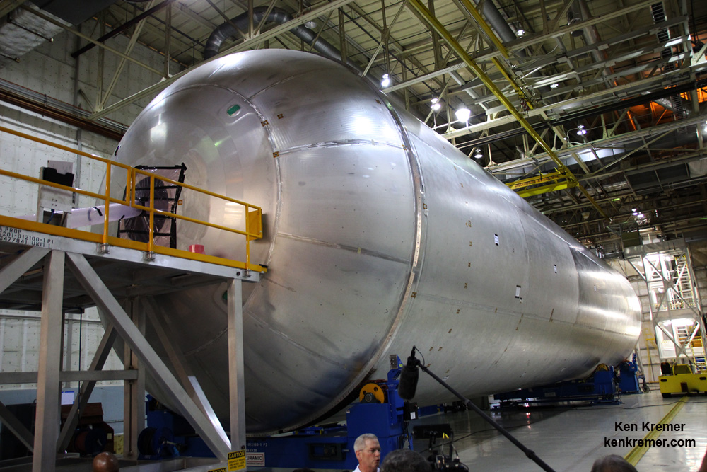 The liquid hydrogen tank qualification test article for NASA’s new Space Launch System (SLS) heavy lift rocket lies horizontally after final welding was completed at NASA’s Michoud Assembly Facility in New Orleans in July 2016. Credit: Ken Kremer/kenkremer.com 