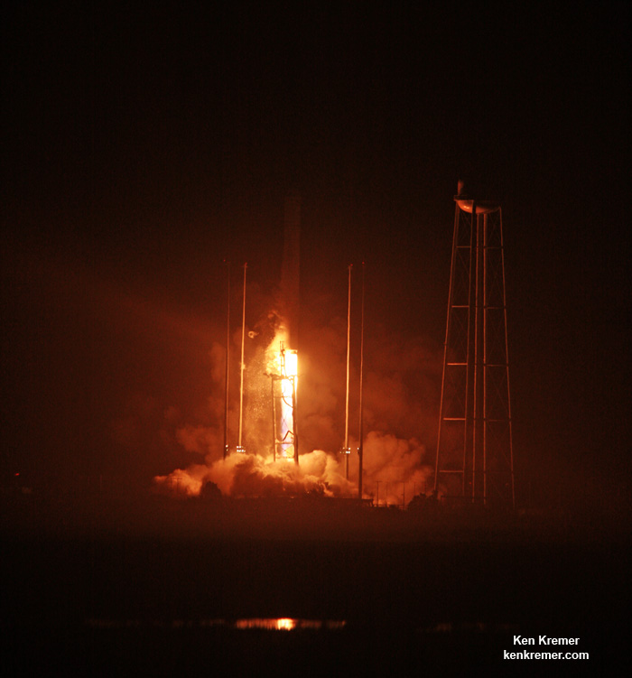The Orbital ATK Antares rocket topped with the Cygnus cargo spacecraft launches from Pad-0A, Monday, Oct. 17, 2016 at NASA’s Wallops Flight Facility in Virginia. Orbital ATK’s sixth contracted cargo resupply mission with NASA to the International Space Station. Credit: Ken Kremer/kenkremer