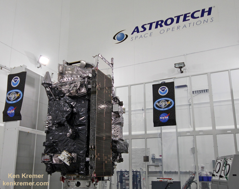The NASA/NOAA GOES-R (Geostationary Operational Environmental Satellite - R Series) being processed at Astrotech Space Operations, in Titusville, FL, in advance of launch on a ULA Atlas V on Nov. 19, 2016.  GOES-R will be America’s most advanced weather satellite. Credit: Ken Kremer/kenkremer.com 