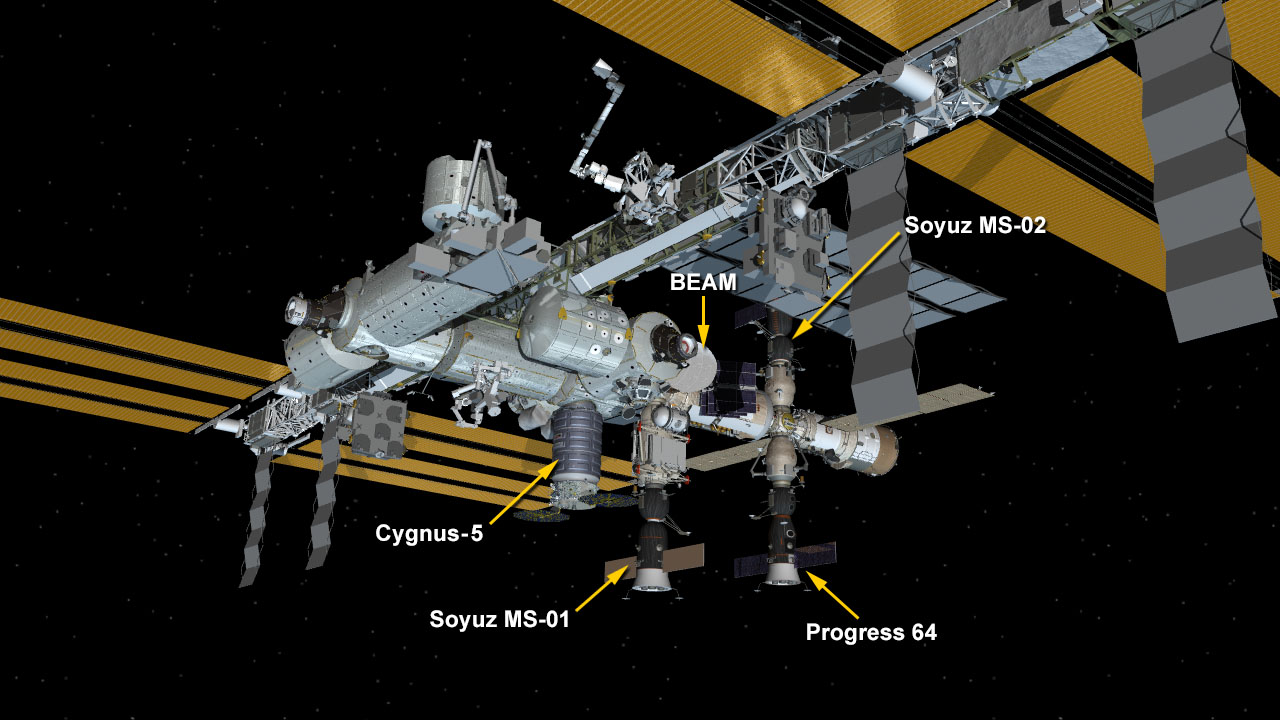 Today’s installation of the Orbital ATK Cygnus OA-5 resupply ship makes four spaceships attached to the International Space Station on 23 October 2016. Credit: NASA