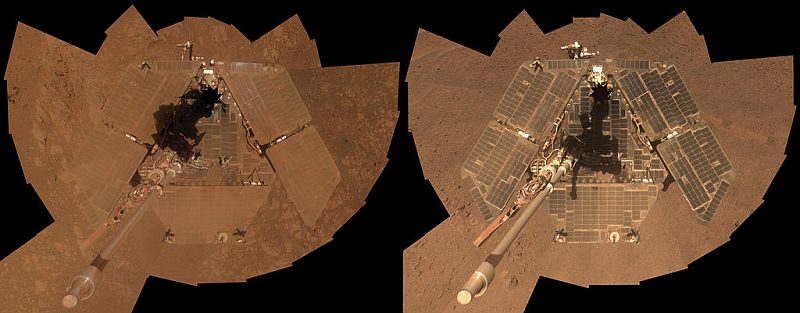 These two images show dust build-up on NASA's Opportunity rover in 2014. In January, a dust storm left a layer of dust on Opportunity's solar panels (left.) By late March, the wind had blown most of it away. (right) Image: NASA/JPL-Caltech/Cornell Univ./Arizona State Univ. 