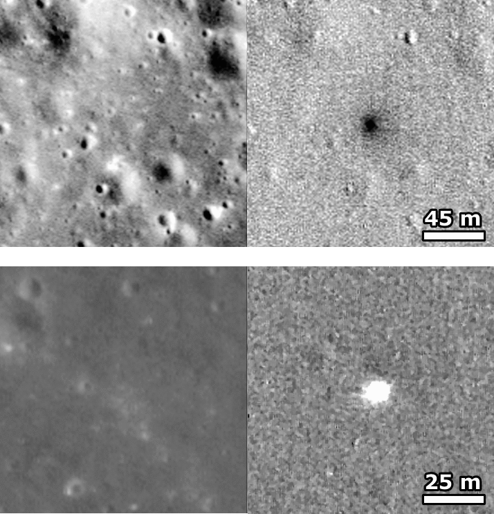 Example of a low reflectance (top) and high reflectance (bottom) splotch created either by a small impactor or more likely from secondary ejecta. In either case, the top few centimeters of the regolith (soil) was churned [NASA/GSFC/Arizona State University].