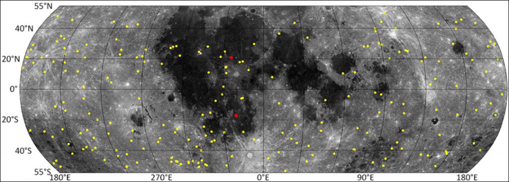 Distribution of new impact craters (yellow dots) discovered by analyzing 14,000 NAC temporal pairs. The two red dots mark the location of the 17 March 2013 and the 11 September 2013 impacts that were recorded by Earth-based video monitoring [NASA/GSFC/Arizona State University]