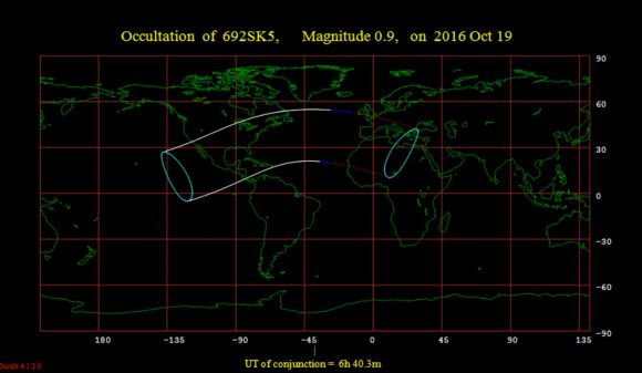 The occultation footpring for tonight's event. The solid lines denote where the occultation occurs under dark night time skies, while the blue lines denote twilight and the broken lines describe where the event occurs in the daytime. Image credit: Occult 4.2.