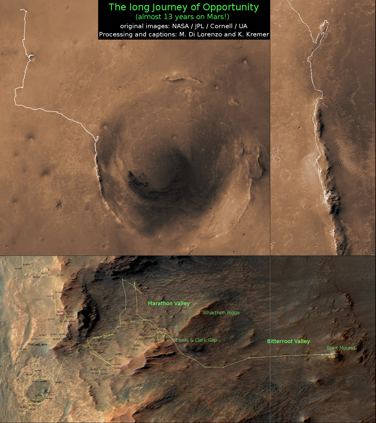 12 Year Traverse Map for NASA’s Opportunity rover from 2004 to 2016. This map shows the entire path the rover has driven on the Red Planet during more than 12 years and more than a marathon runners distance for over 4514 Sols, or Martian days, since landing inside Eagle Crater on Jan 24, 2004 - to current location at the western rim of Endeavour Crater after descending down Marathon Valley. Rover surpassed Marathon distance on Sol 3968 and marked 11th Martian anniversary on Sol 3911. Opportunity discovered clay minerals at Esperance – indicative of a habitable zone - and searched for more at Marathon Valley and is now at Spirit Mound on the way to a Martian gully.  Credit: NASA/JPL/Cornell/ASU/Marco Di Lorenzo/Ken Kremer/kenkremer.com 