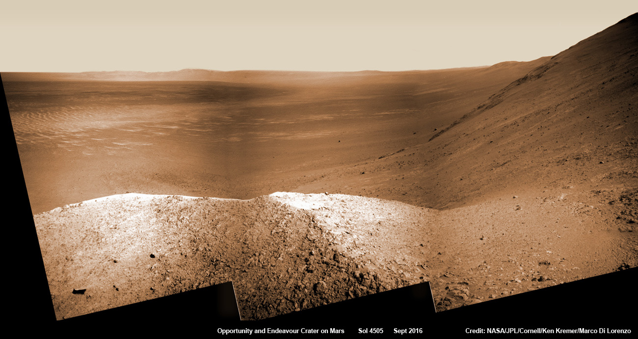 NASA’s Opportunity explores Spirit Mound after descending down Marathon Valley and looks out across the floor of vast Endeavour crater.  This navcam camera photo mosaic was assembled from raw images taken on Sol 4505 (25 Sept 2016) and colorized.  Credit: NASA/JPL/Cornell/ Ken Kremer/kenkremer.com/Marco Di Lorenzo
