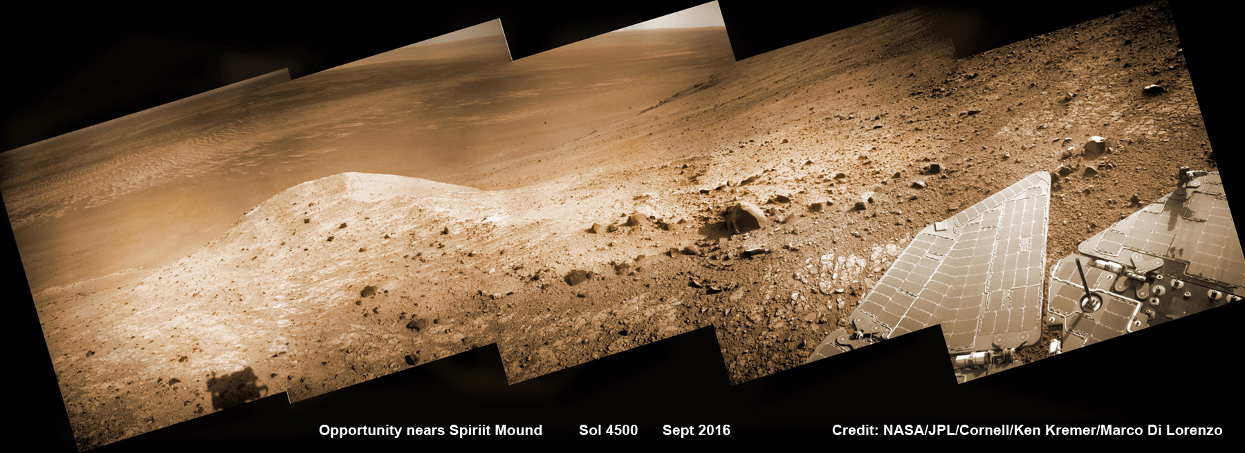 NASA’s Opportunity rover scans ahead to Spirit Mound and vast Endeavour crater as she celebrates 4500 sols on the Red Planet after descending down Marathon Valley. This navcam camera photo mosaic was assembled from raw images taken on Sol 4500 (20 Sept 2016) and colorized.  Credit: NASA/JPL/Cornell/ Ken Kremer/kenkremer.com/Marco Di Lorenzo 