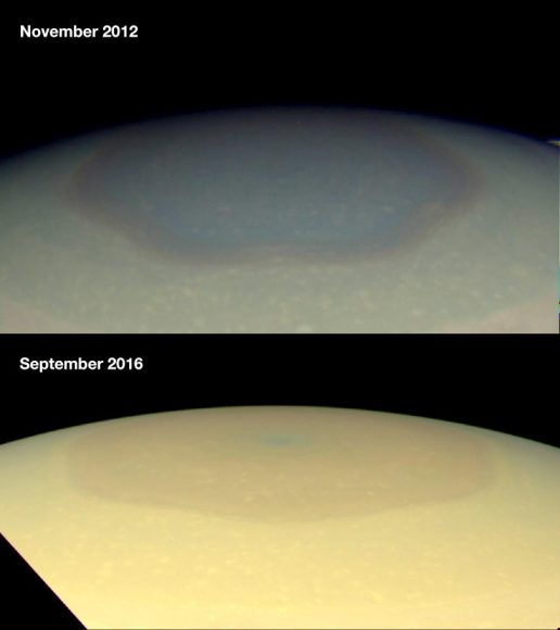  Natural color images taken by NASA's Cassini wide-angle camera, showing the changing appearance of Saturn's north polar region between 2012 and 2016.. Credit: NASA/JPL-Caltech/Space Science Institute/Hampton University