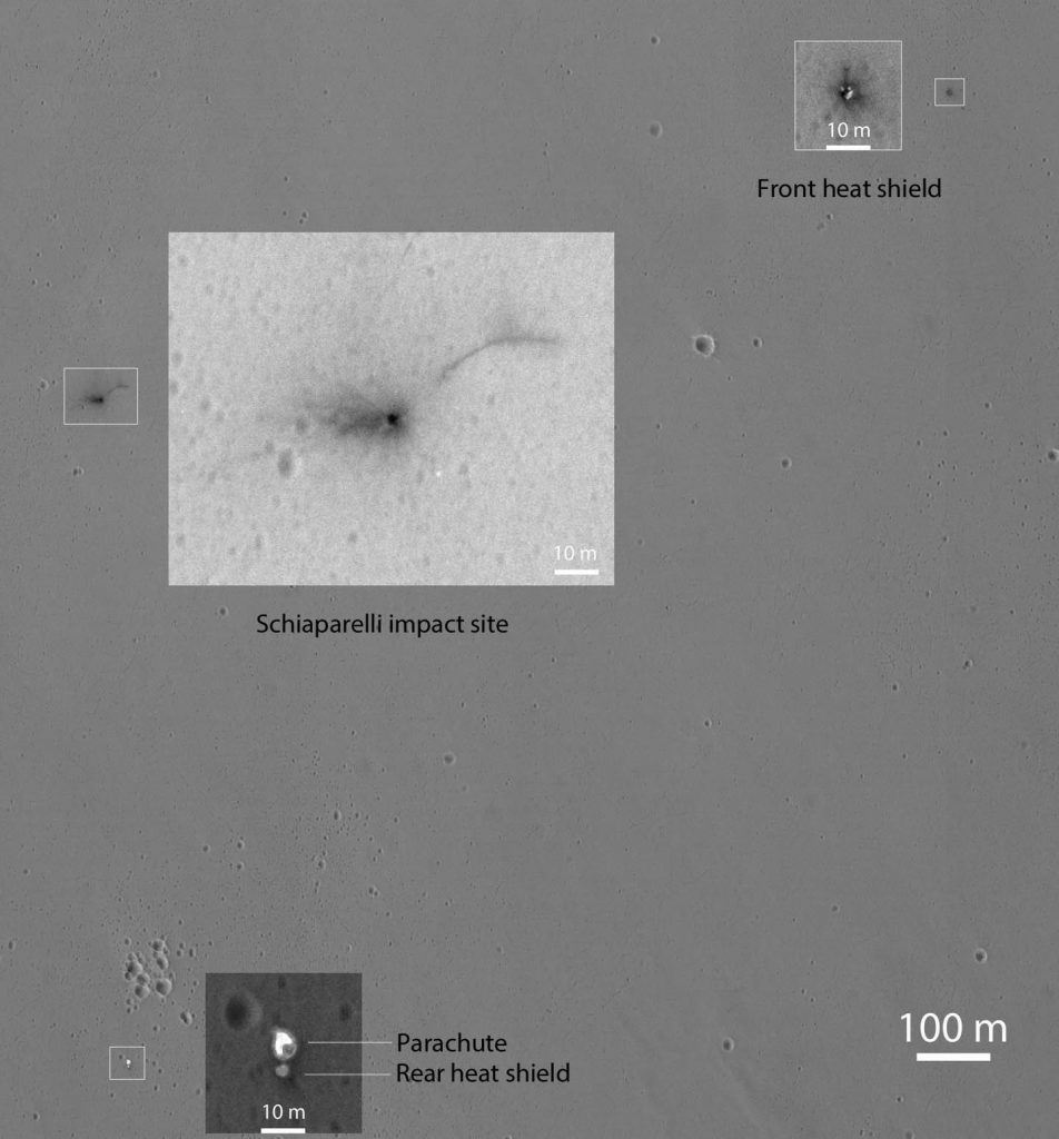 This Oct. 25, 2016, image shows the area where the European Space Agency's Schiaparelli test lander reached the surface of Mars, with magnified insets of three sites where components of the spacecraft hit the ground. It is the first view of the site from the High Resolution Imaging Science Experiment (HiRISE) camera on NASA's Mars Reconnaissance Orbiter taken after the Oct. 19, 2016, landing event and our highest resolution of the scene to date. Annotations by the author. Credit: NASA/JPL-Caltech