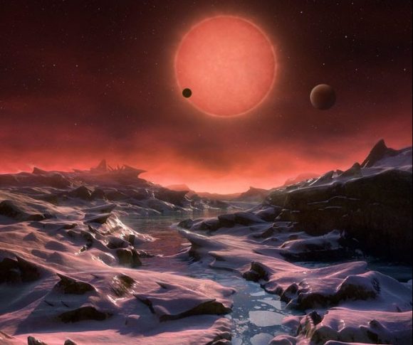 Artist's impression of the view from the most distant exoplanet discovered around the red dwarf star TRAPPIST-1. Credit: ESO/M. Kornmesser.