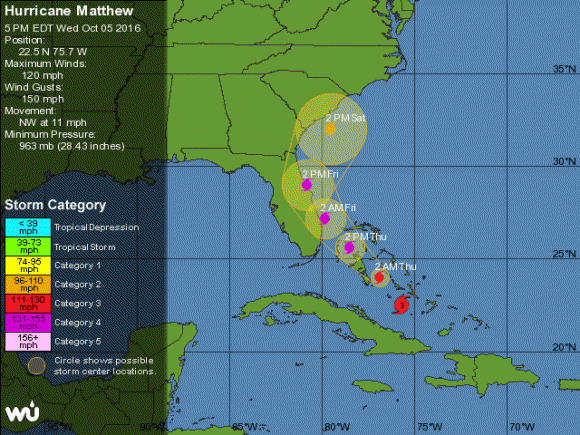 Projected path for Hurricane Matthew as of October 5, 2016. Click for updated map on WeatherUnderground.com. 