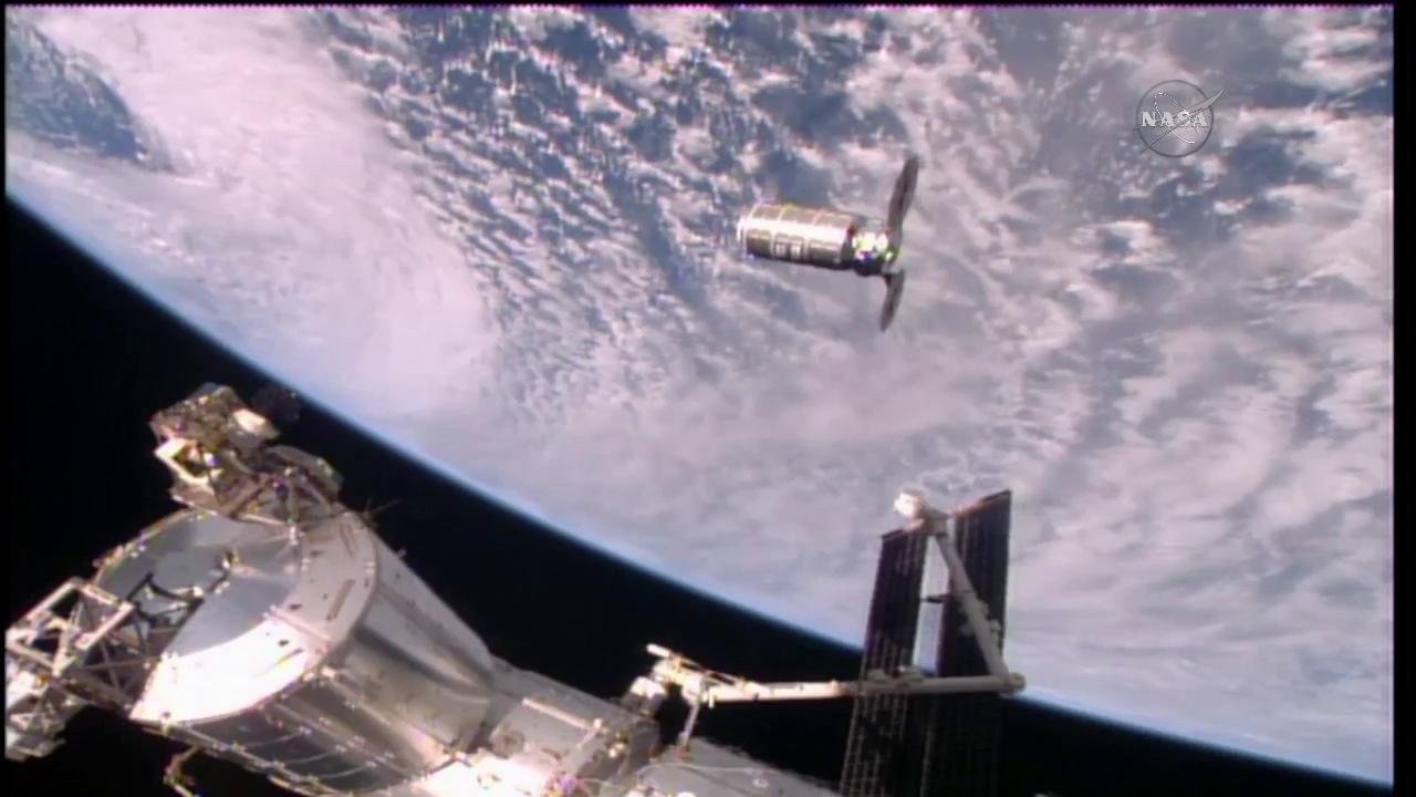 The Cygnus OA-5 resupply ship slowly approaches the space station before the Canadarm2 reaches out and grapples it on Oct. 23, 2016. Credit: NASA TV